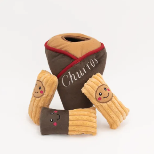 a churro cone with three churros, burrowing dog toy the churros on next to the cone