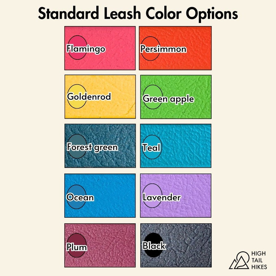 graphic showing 10 color options for standard leashes