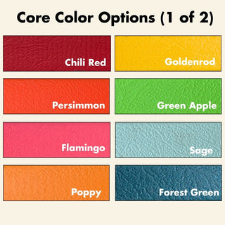 eight biothane color samples from the core collection - chili red, persimmon, flamingo, poppy, goldenrod, green apple, sage, & forest green