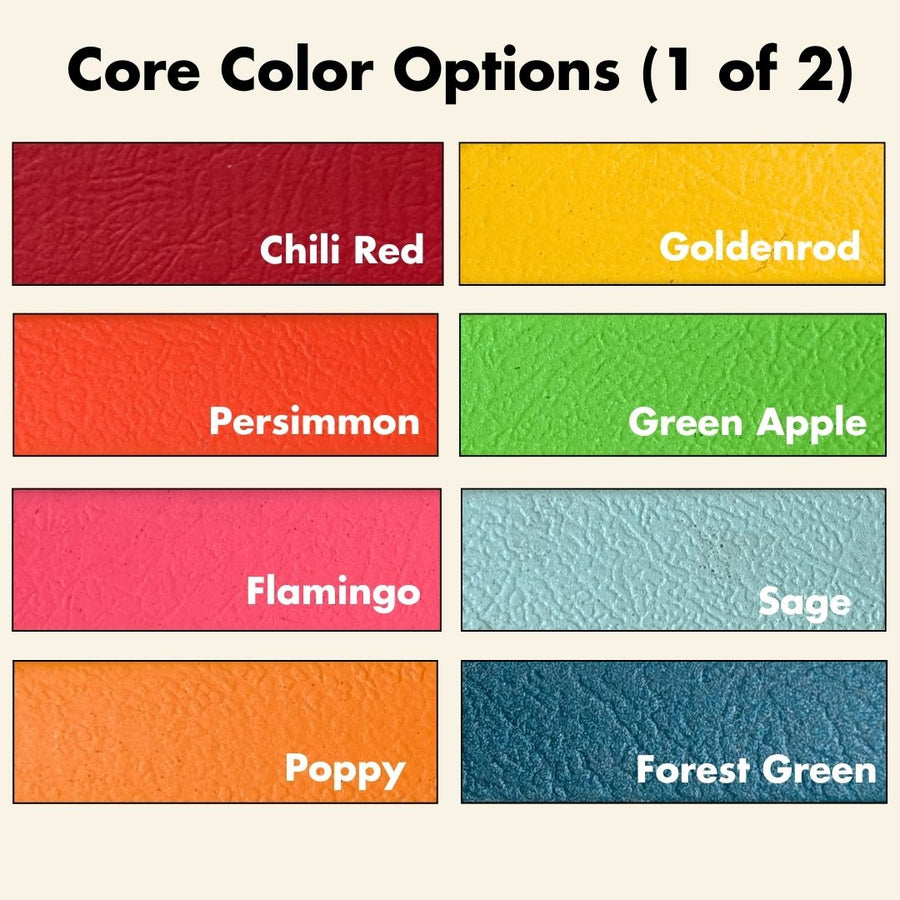 eight biothane color samples from the core collection - chili red, persimmon, flamingo, poppy, goldenrod, green apple, sage, & forest green