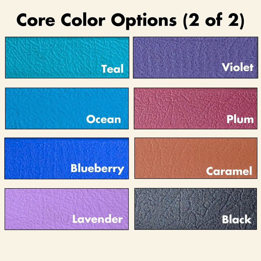 eight biothane color samples from the core collection - teal, ocean, blueberry, lavender, violet, plum, caramel, & black
