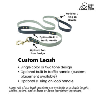 Custom BioThane Leash in Sage and Forest Green BioThane on white background with key features outlined
