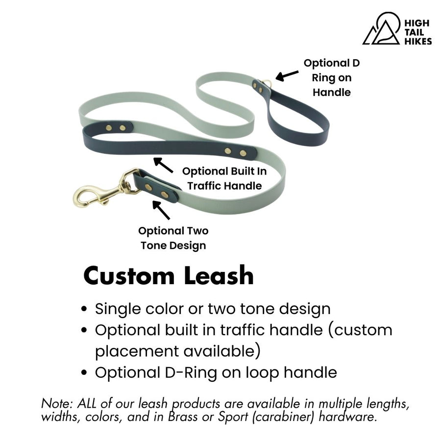 Custom BioThane Leash in Sage and Forest Green BioThane on white background with key features outlined