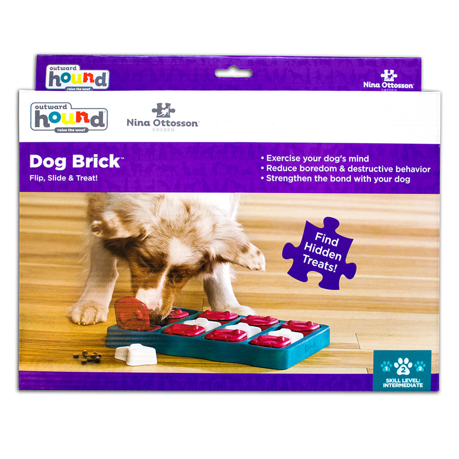 Teal Dog brick toy with red and white compartments for treats and slow eating in a purple and white package