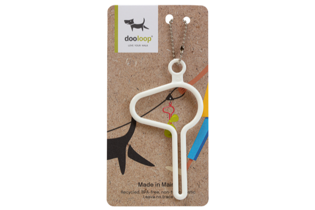 white Dooloop Dog Waste Bag Holder on display card