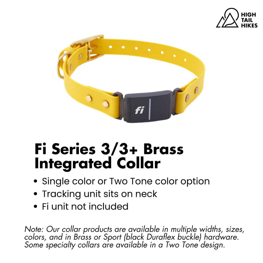 Goldenrod yellow dog collar with Fi tracking unit on a white background with key features outlined