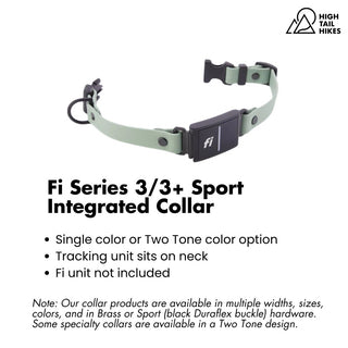 Unclipped sport collar with Fi tracking unit attached on white background and the key features outlined