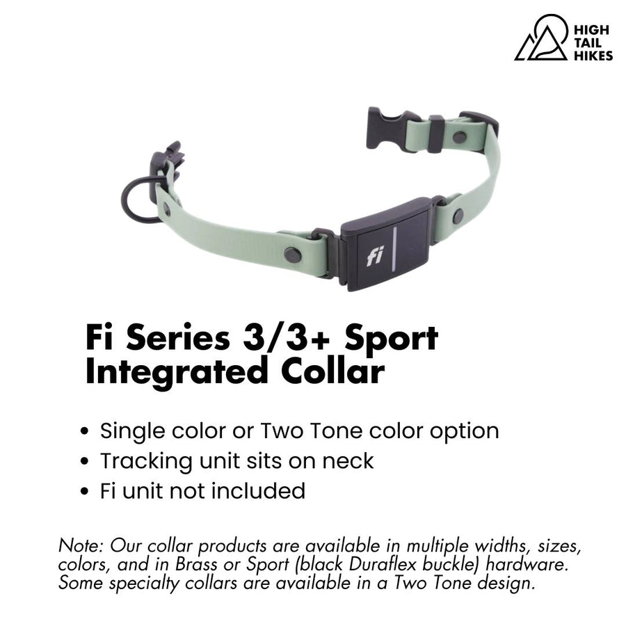 Unclipped sport collar with Fi tracking unit attached on white background and the key features outlined