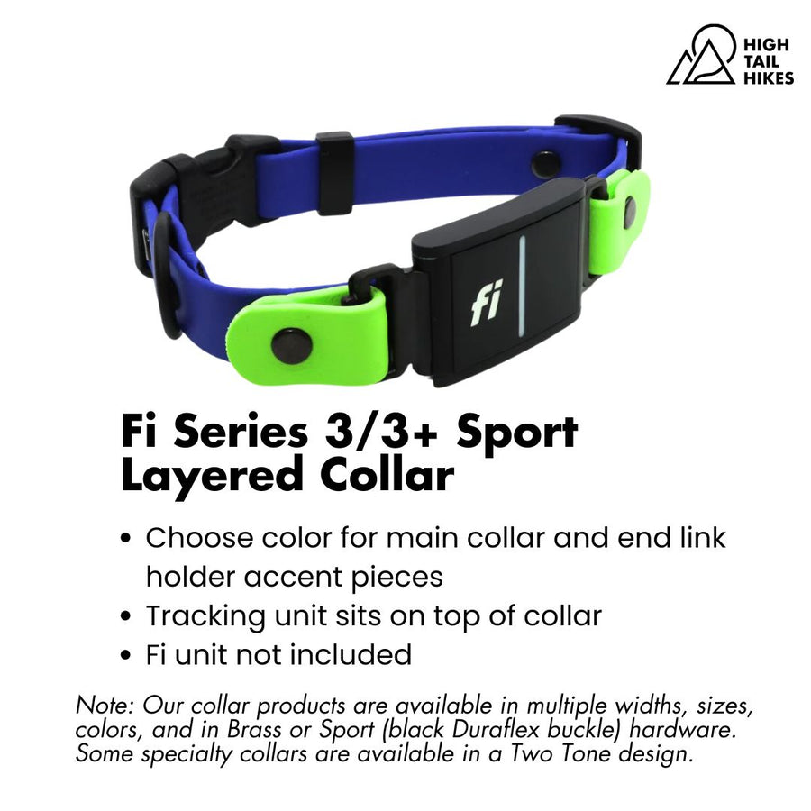 Fi Series 3/3+ Sport Layered Collar in Blueberry and Green Apple BioThane on a white background with key product features outlined