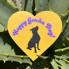 Yellow heart Happy Gotcha Day sticker w/ black dog on green plant