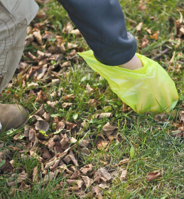 persons hand covered in green bag reaching for the grass to pick up poop
