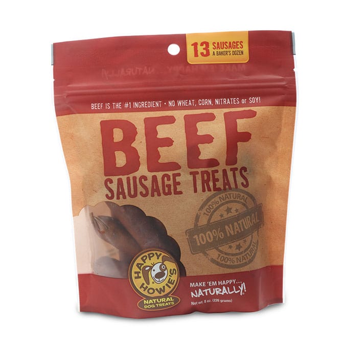Red and tan package of Beef Sausage Treats from happy Howies