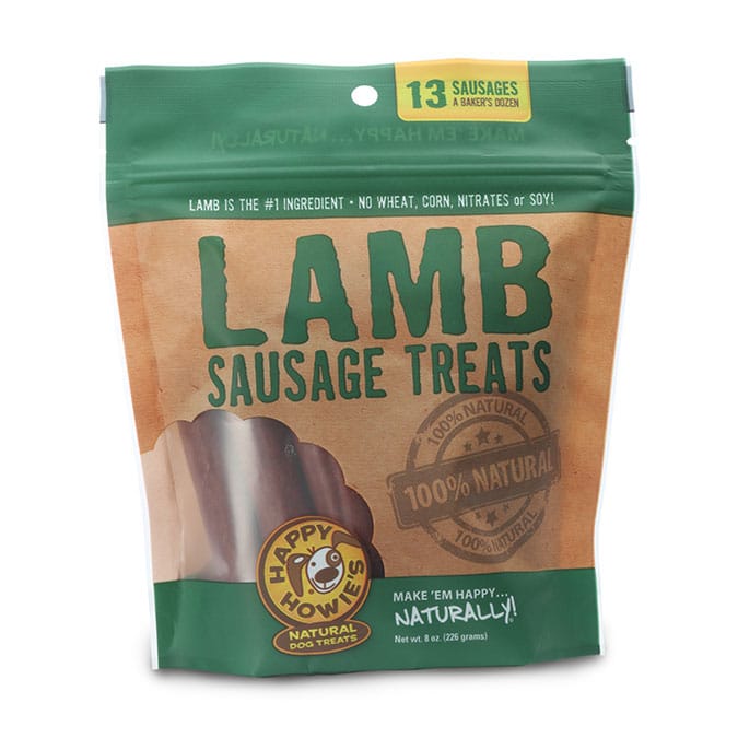green and tan package with Lamb Sausage Treats for dogs