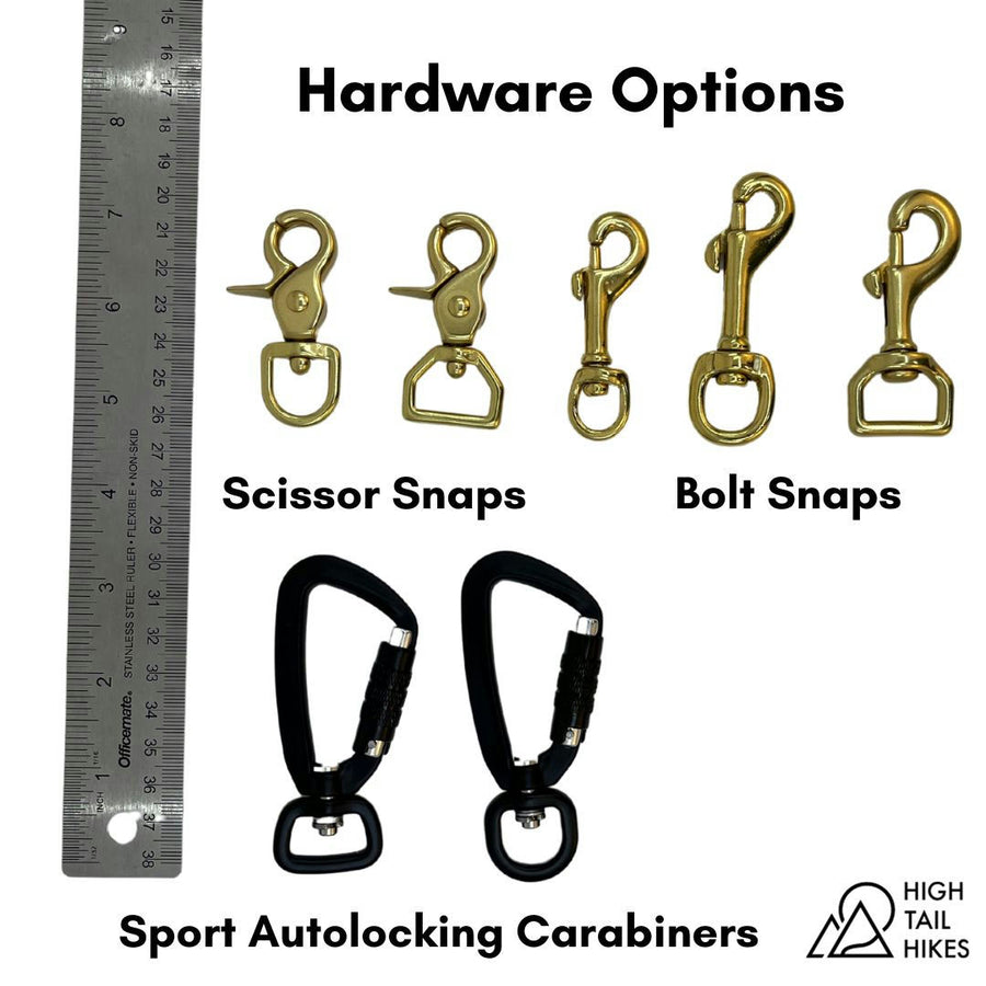 Rule on the left showing the size difference of hardware options of scissor snaps, bolt snaps and sport autolocking carabiners