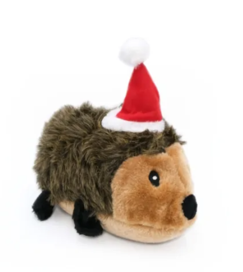 plush dog toy, brown hedgehog with red santa hat