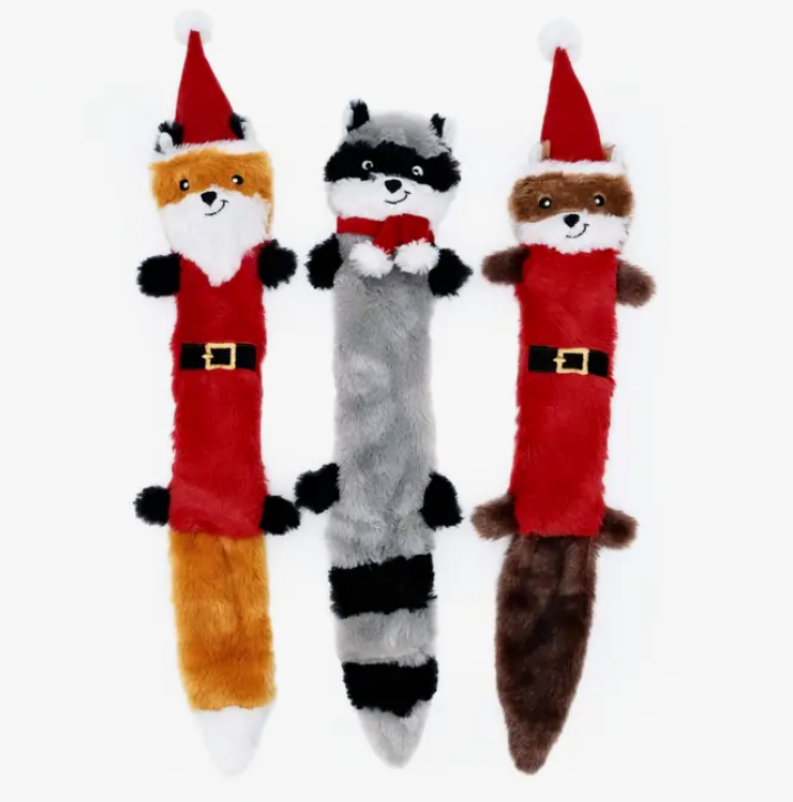three holiday dressed skinny peltz dog toys, Santa Fox, Chilly Raccoon and Elf Squirrel