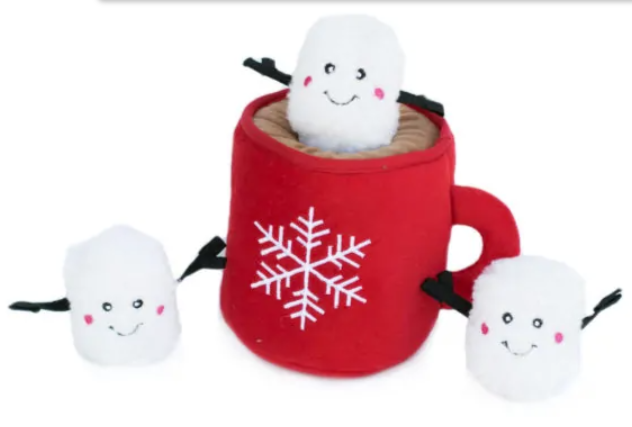 Red plush mug with cocoa and three marshmallows dog toy for burrowing