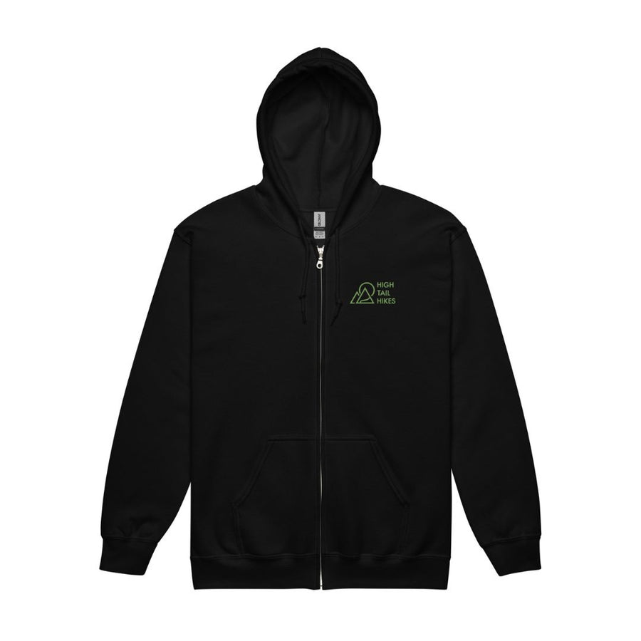 black zip up hoodie with green high tail hikes logo on the front left chest area