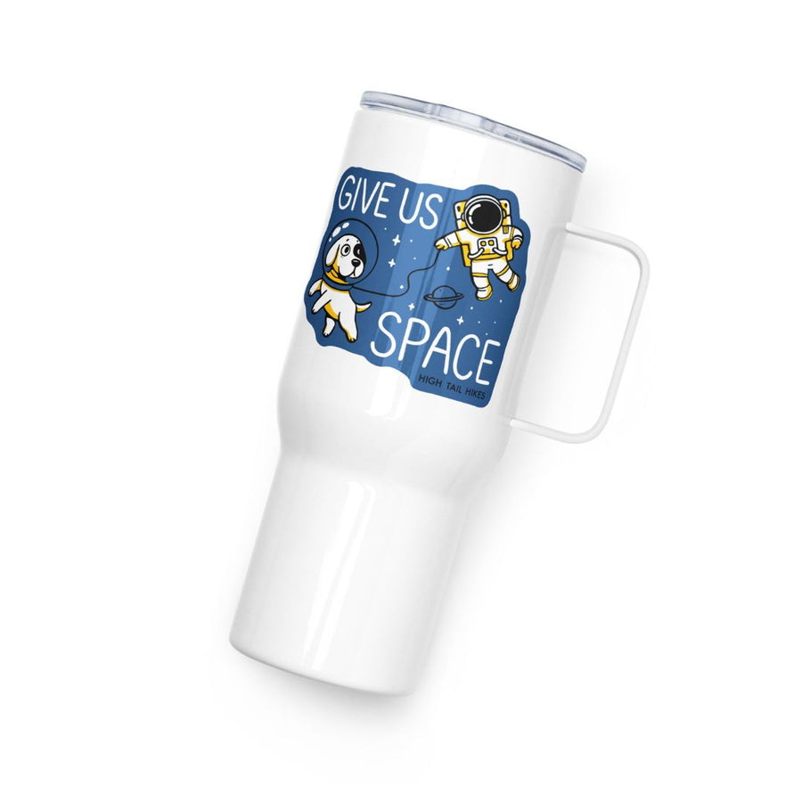 white travel mug with handle - blue graphic with dog and astronaut that reads "Give Us Space"