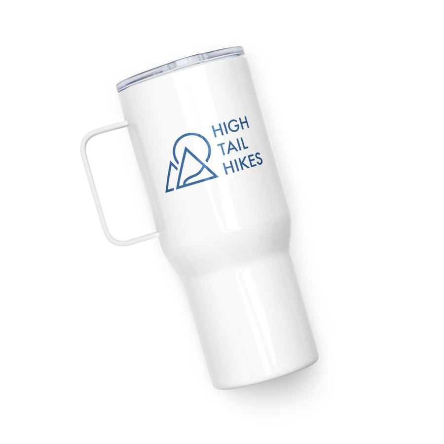 white travel mug with handle - blue high tail hikes logo - handle on the left