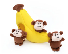 plush banana burrow toy for dogs with three little brown monkeys