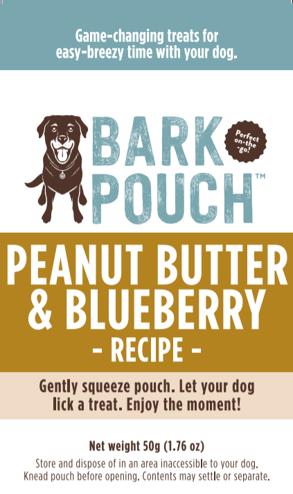 Zoomed in label of the bark pouch in peanut butter  & blueberry recipe - a gentle squeeze pouch, let your dog lick a treat.  Enjoy the moment!