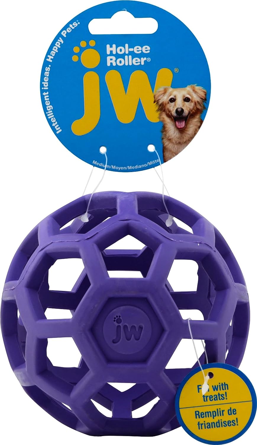 Purple rubber treat ball dispenser on white background hanging from the product tag
