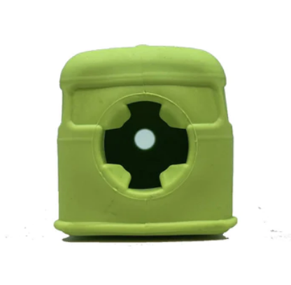 Green Retro van Durable chew dog toy and treat dispenser on its side showing the hole for treats