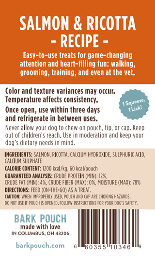 back of the label on the bark pouch dog treat in salmon & ricotta recipe