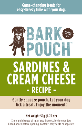 zoomed in on the tan, white and green label of the Bark Pouch dog treat in Sardines & Cream cheese recipe