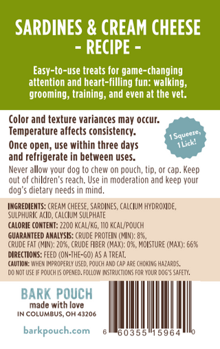 zoomed in on the tan, white and green label of back of the Bark Pouch dog treat in Sardines & Cream cheese recipe