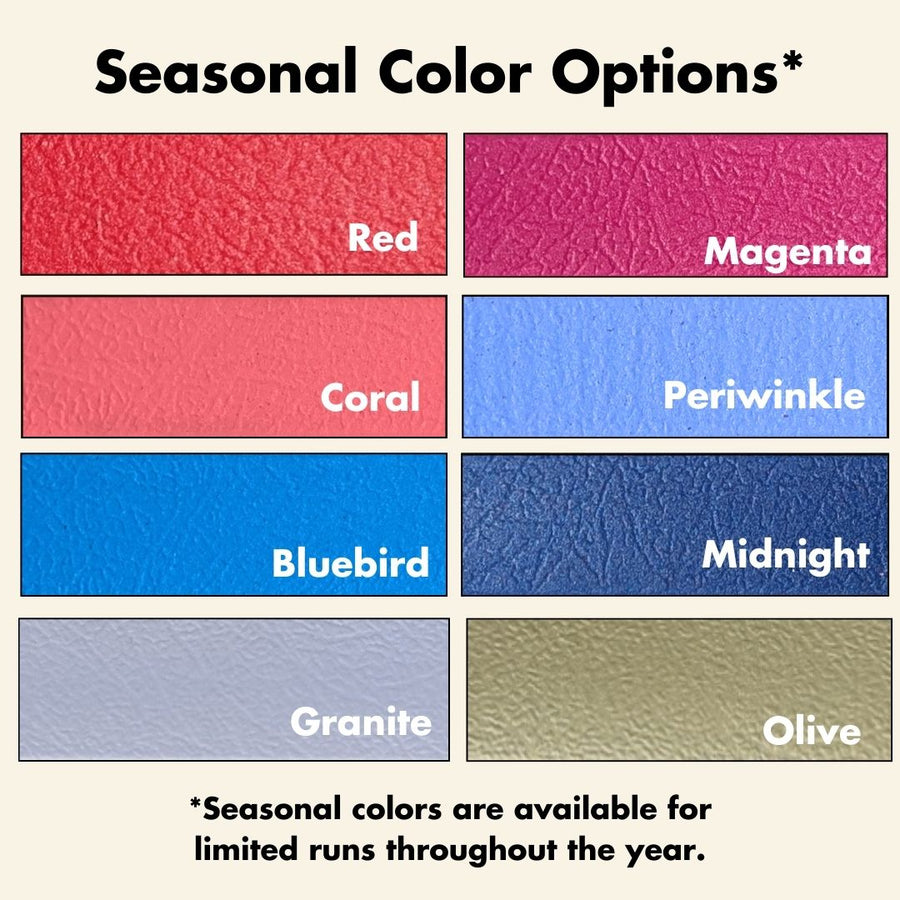 eight biothane color samples from the seasonal color collection - red, coral, bluebird, granite, magenta, periwinkle, midnight & olive