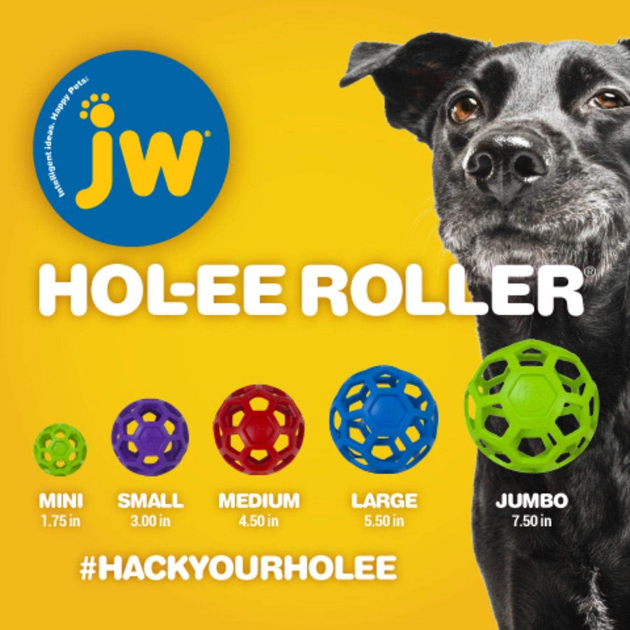 yellow background, blue logo JW Hol-ee Roller, black dog and the 5 size comparisons fo the Holee Roller