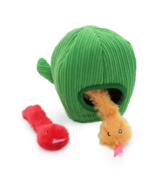 green cactus burrow toy for cats with a red snake and a yellow snake