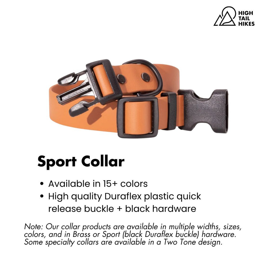BioThane Caramel dog collar with high quality Duraflex plastic quick release buckle on a white background and key features outlined below