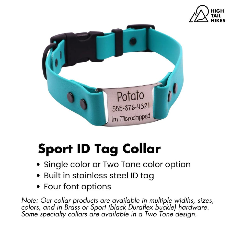 Teal dog collar with built-in stainless steel ID tag on a white background with key features outlined