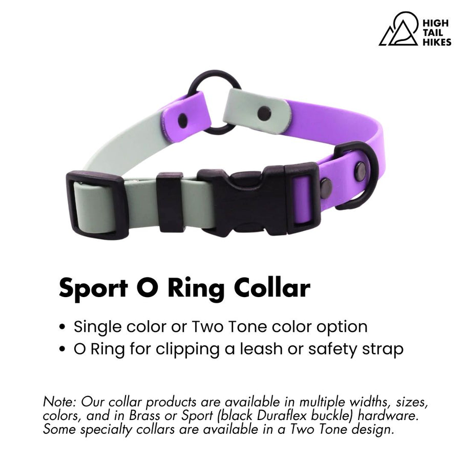 Lavender and Granite BioThane dog collar with O ring and Duraflex buckle and key features outlined below 