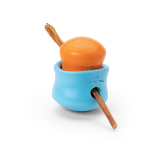 Small aqua blue and orange Toppl puzzle and treat toy for dogs on a white background