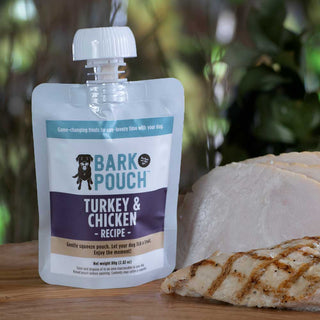 The Back Pouch Dog Treat pouch in Turkey & Chicken flavor on a table next to a piece of chicken and a piece of turkey