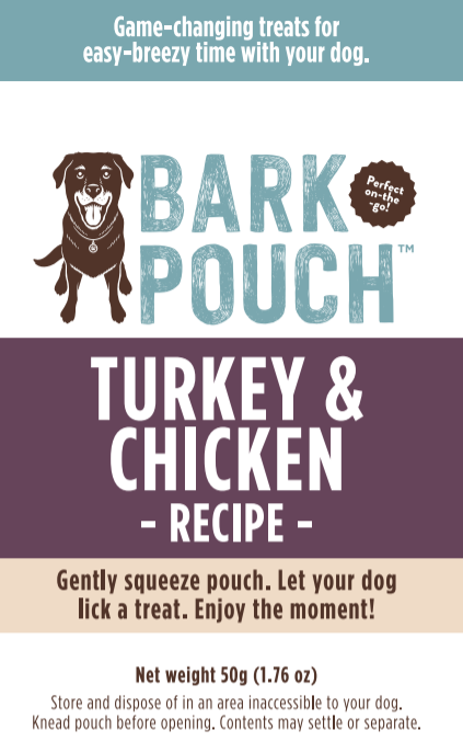 zoom in on label of Bark Pouch dog treat in turkey and chicken flavor 