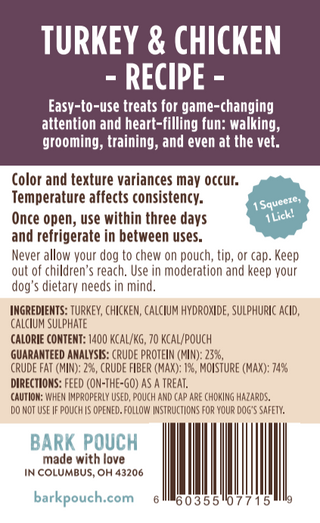 zoom in on the back side of the label of Bark Pouch dog treat in turkey and chicken flavor