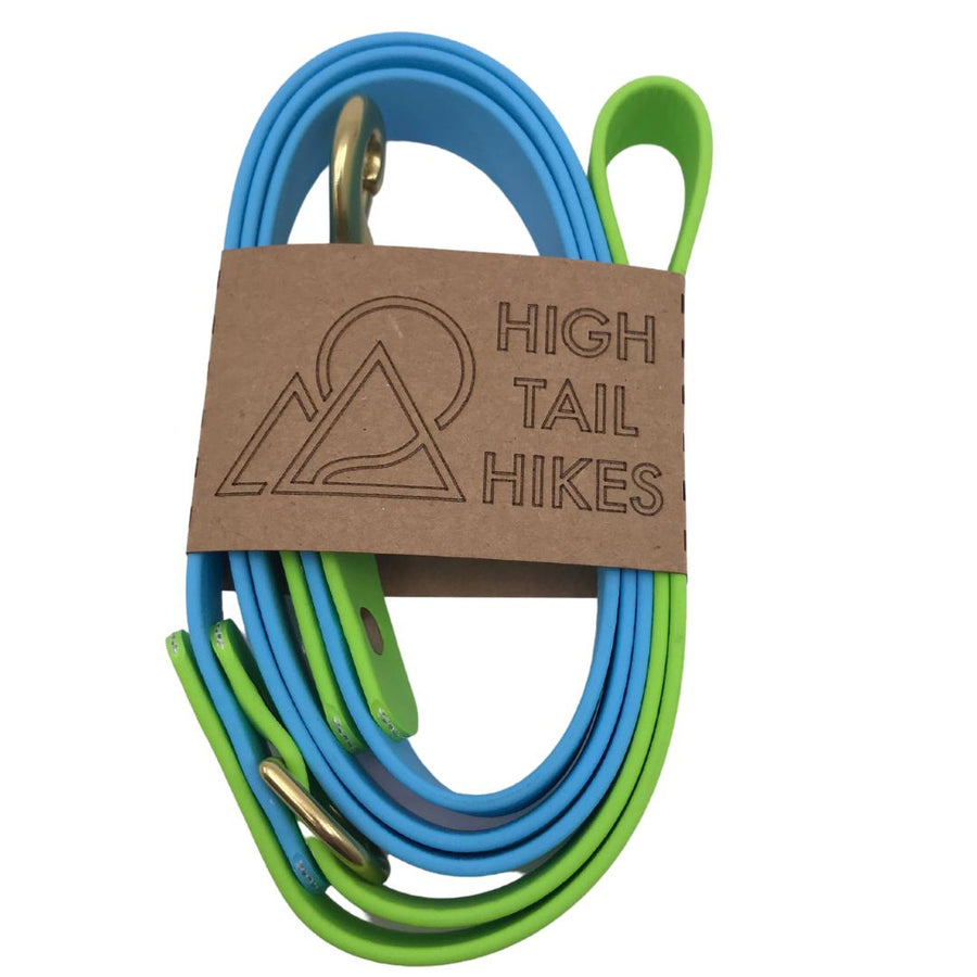 Pre Made Brass Leash - Large (3/4") - 4ft - Sky Blue with Green Apple Accents - Standard Loop Handle - D-Ring on Handle