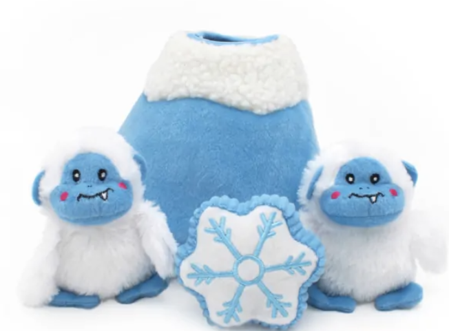 plush dog burrow toy - blue mountain with snow cap and two white yeti's and one snowflake