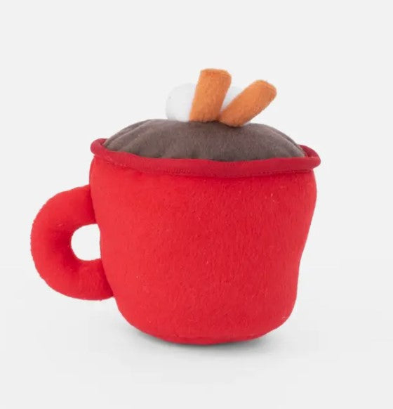 back view of Red plush mug with white snowflake and marshmallows on top