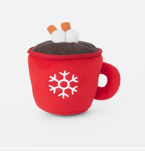 Red plush mug with white snowflake and marshmallows on top