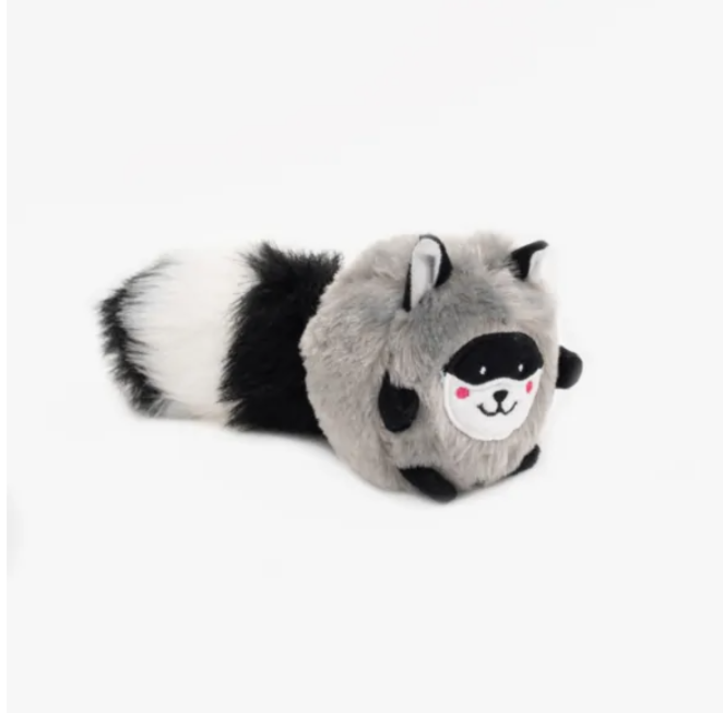 grey and black plush dog toy with fluffy raccoon tail