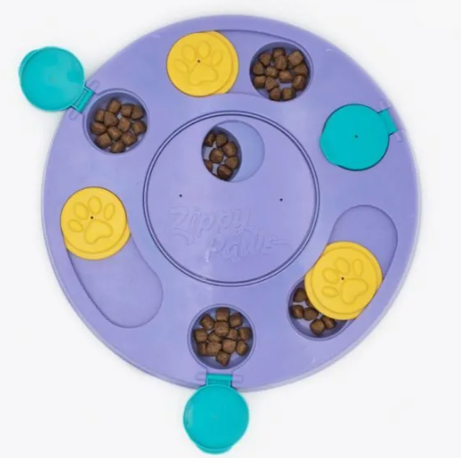 purple, teal and yellow dog puzzler and treat dispenser