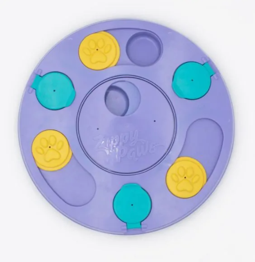 purple, teal and yellow dog puzzler and treat dispenser closed