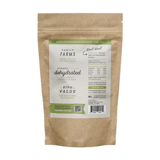 tan dog treat package showing off white label with green stripe that reads "Family Farms, simply dehydrated, high value"