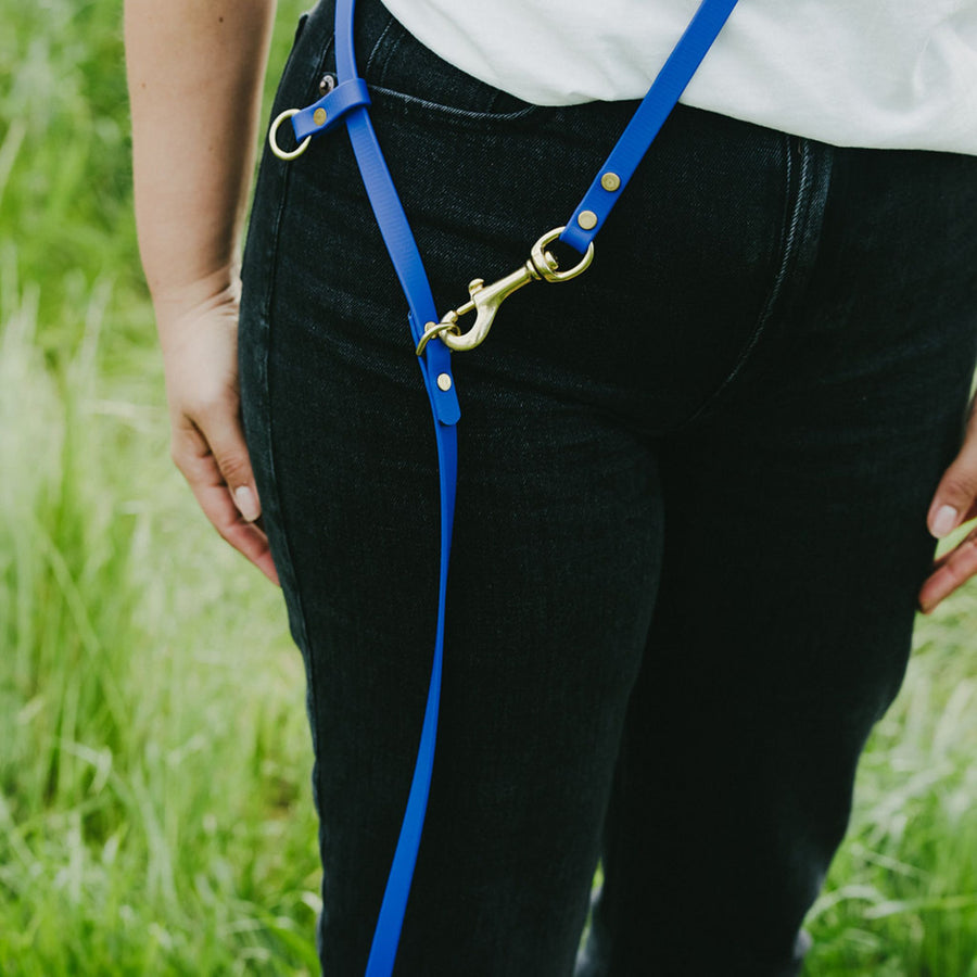 Person wearing black pants with a blue waterproof hands free leash over green grass
